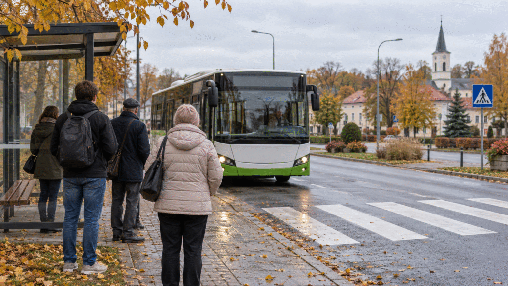 Ilustracja: pasażerowie oczekujący na autobus przy przystanku