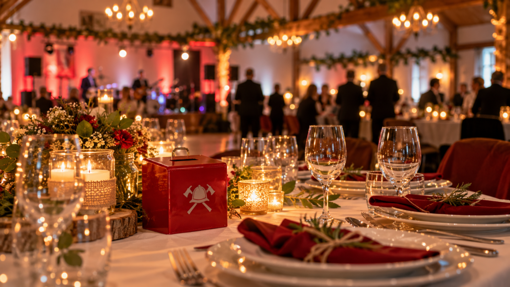 Elegancka sala balowa i puszka datków na strażaków — ilustracja symboliczna