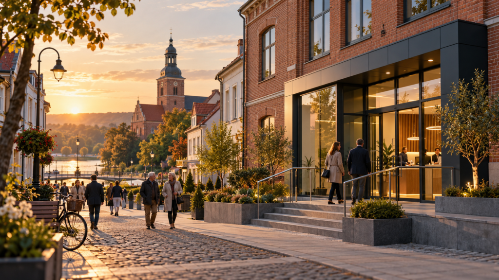 Miejski krajobraz i nowoczesna placówka bankowa