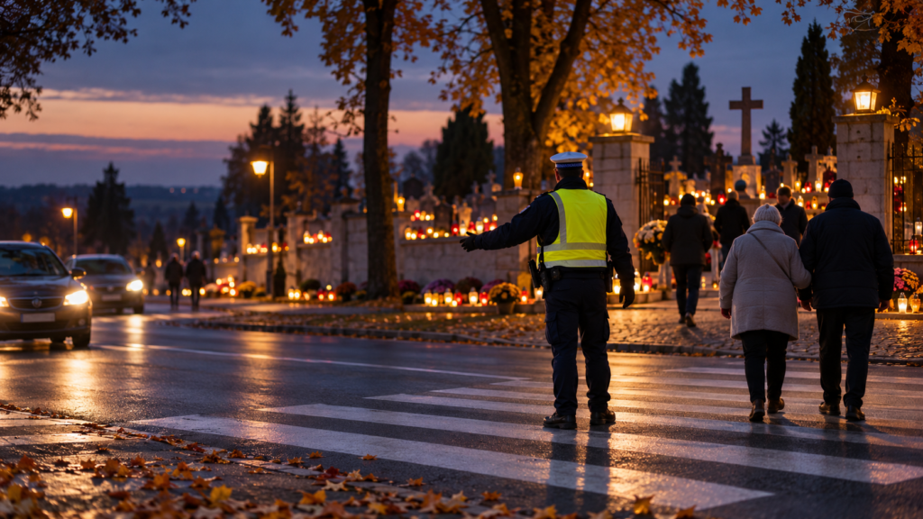 Policjant pomaga pieszym bezpiecznie przejść w pobliżu cmentarza przed Wszystkimi Świętymi