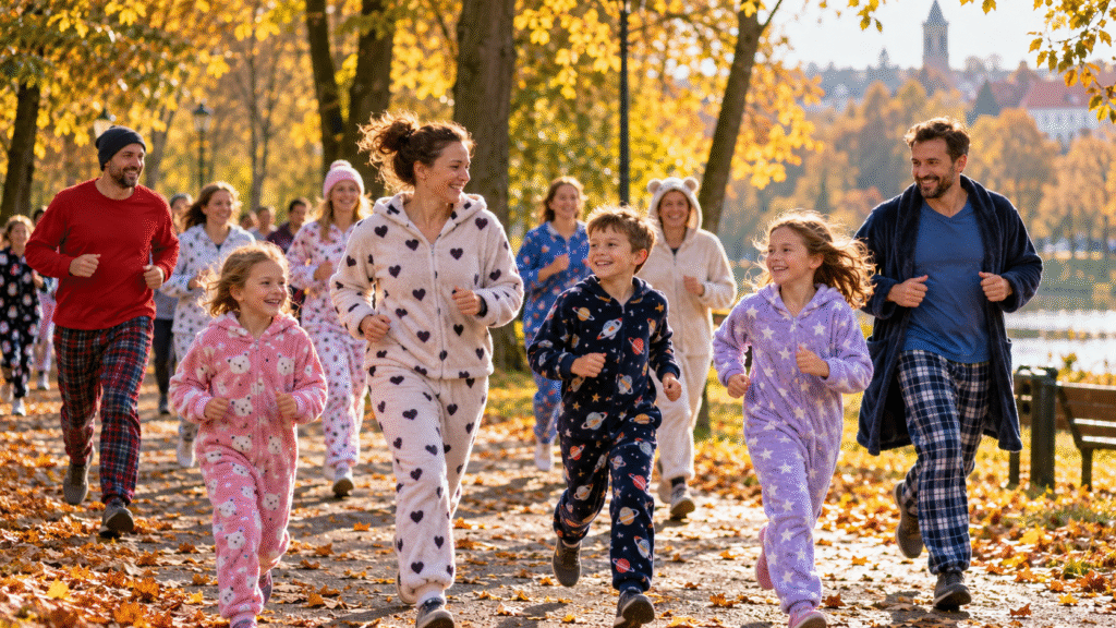 Ilustracja: dzieci i dorośli biegną w piżamach przez jesienny park