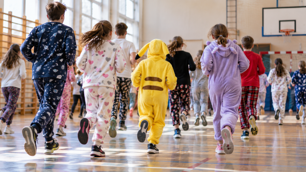 Ilustracja biegu charytatywnego dzieci w piżamach w hali sportowej