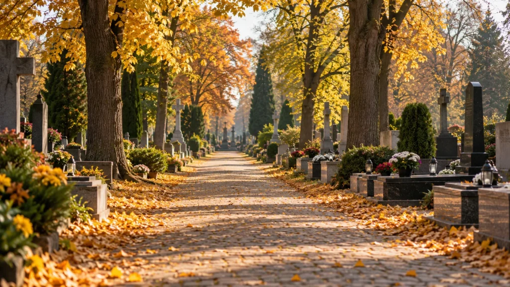 Spokojna aleja cmentarna w jesiennym świetle, ilustracja redakcyjna