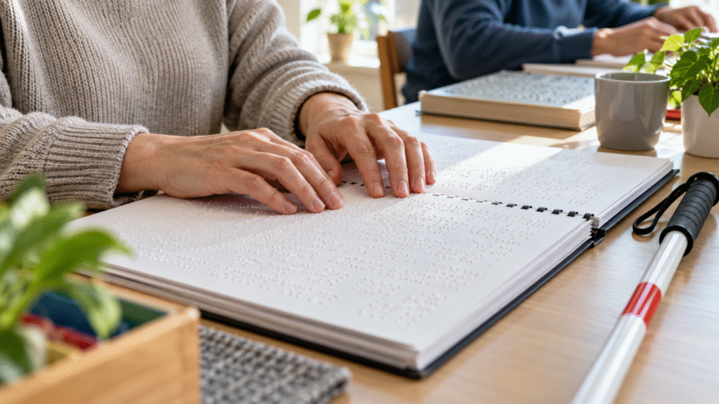 Ilustracja: osoba czyta tekst zapisany alfabetem Braille’a