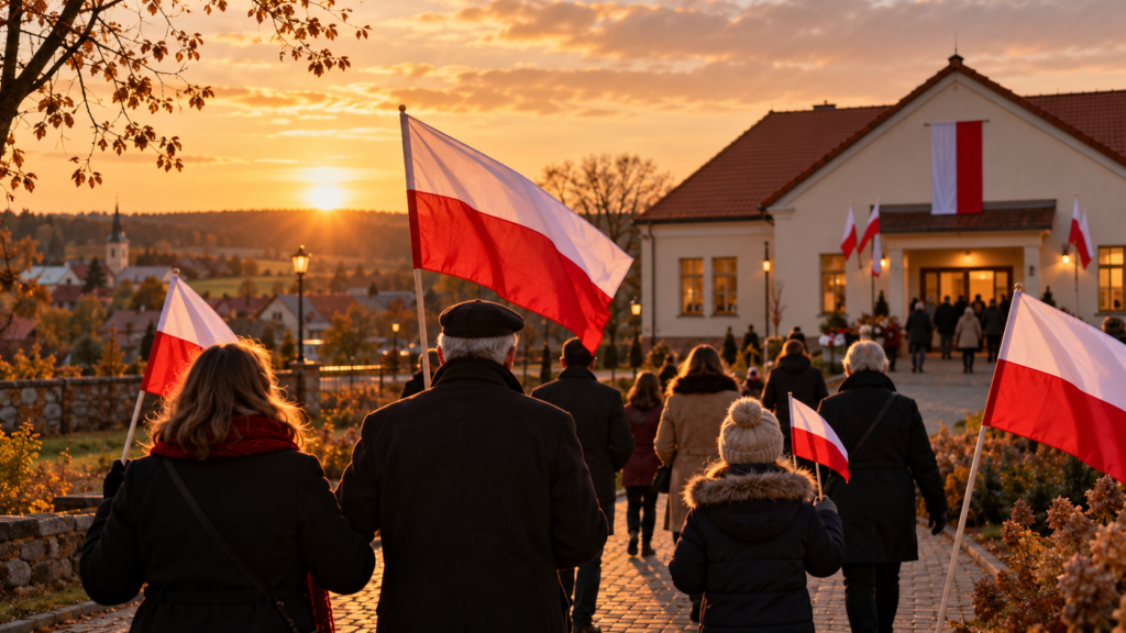Ilustracja obchodów Święta Niepodległości w Gębicach: biało-czerwone flagi i mieszkańcy