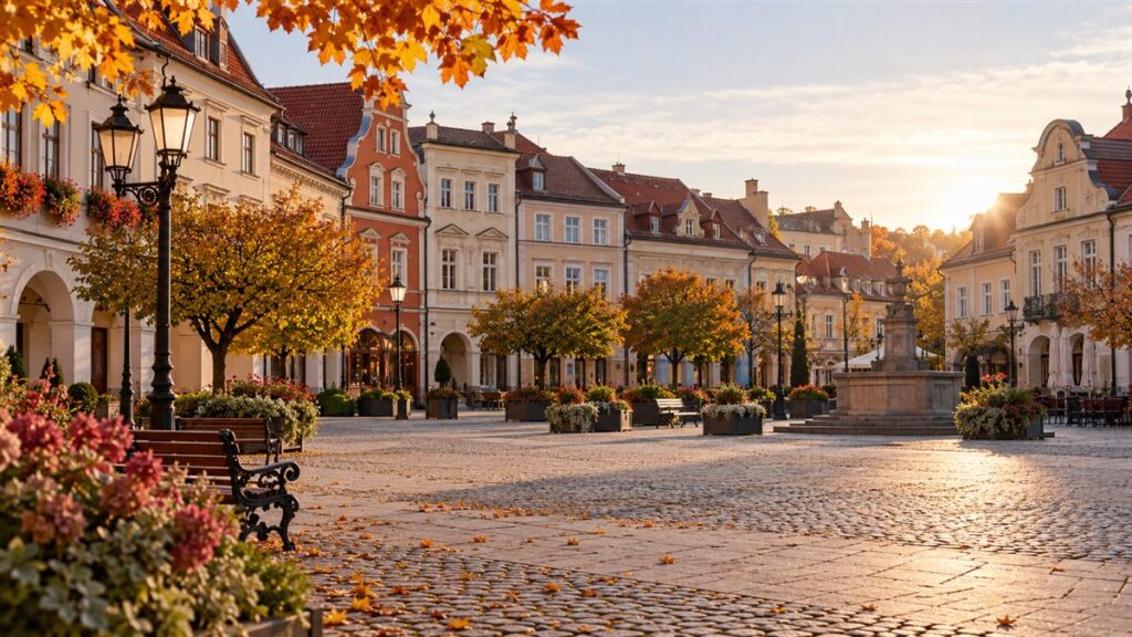 Ilustracja poglądowa historycznego centrum małego polskiego miasta jesienią