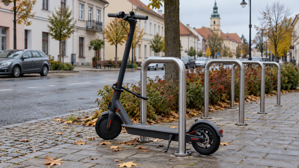Ilustracja: hulajnoga elektryczna przypięta do stojaka