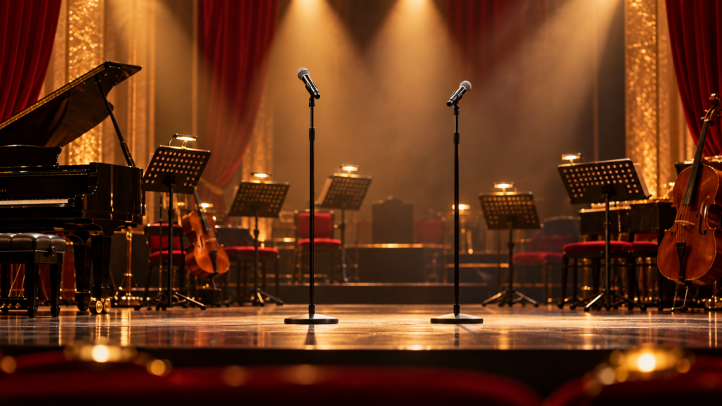 Scena koncertowa z instrumentami i światłami – ilustracja