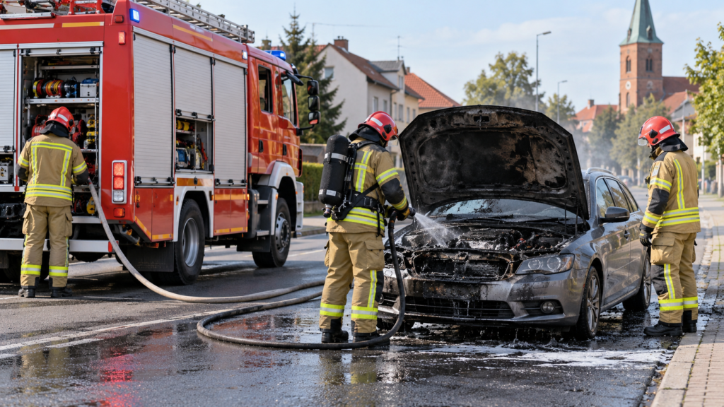 Ilustracja interwencji strażaków przy samochodzie w Krzyżu Wielkopolskim