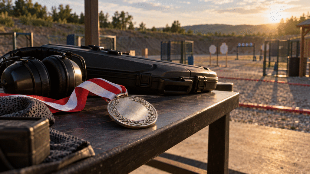 Srebrny medal, ochronniki słuchu i futerał na strzelnicy sportowej — ilustracja wyniku IPSC