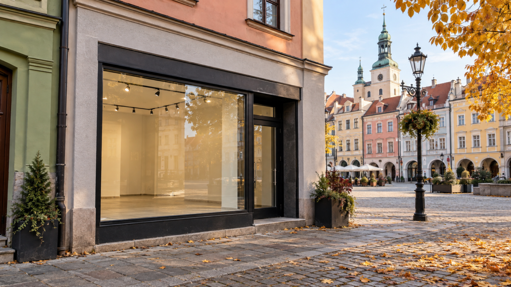 Ilustracja pustego lokalu z witryną przy placu miejskim