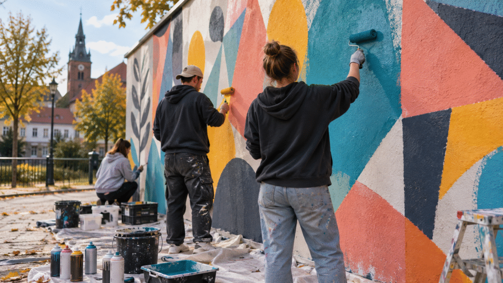 Ilustracja młodych osób malujących kolorowy mural podczas warsztatów