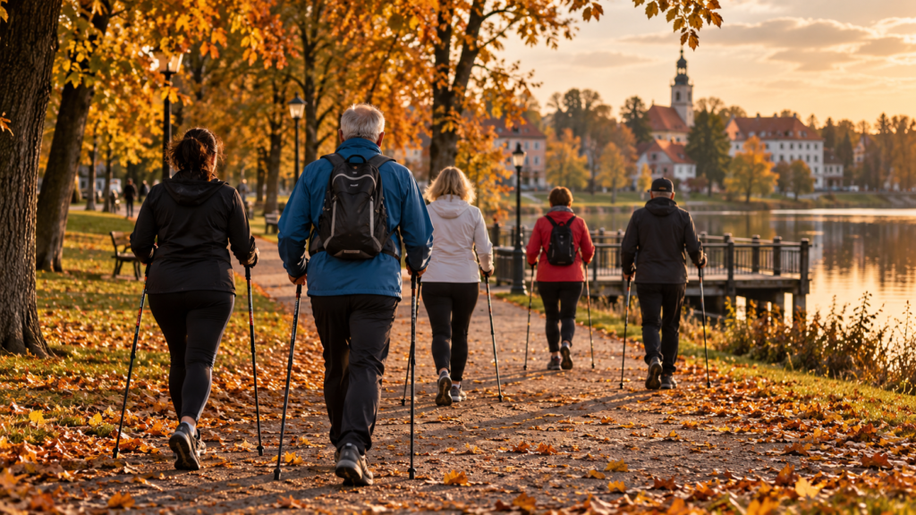 Ilustracja: grupa osób spaceruje z kijkami nordic walking w jesiennym parku