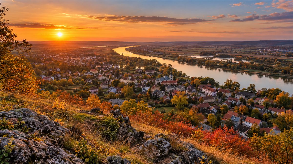 Ilustracja panoramy miasta i doliny rzeki