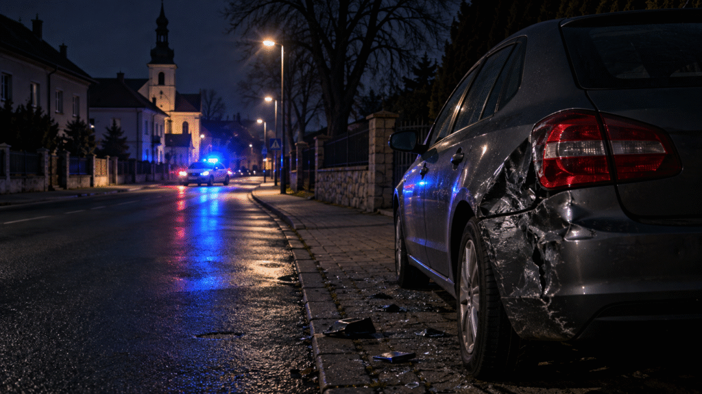 Nocna ulica z samochodem i światłami służb — ilustracja
