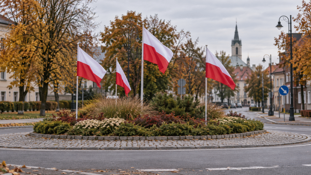 Polskie flagi na miejskim rondzie jesienią – ilustracja poglądowa