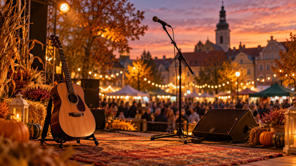 Gitara na scenie w jesienny wieczór — ilustracja do informacji o Zbigniewie Rolniczaku