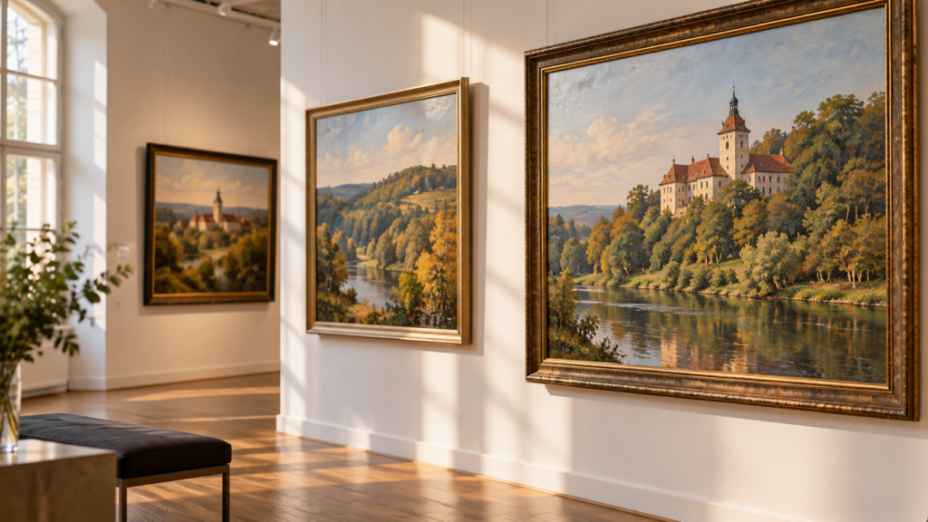 Ilustracja galerii z pejzażami, przygotowana do zapowiedzi wystawy malarstwa w Czarnkowie